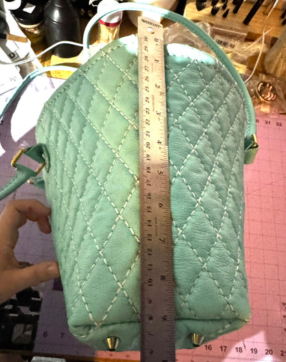 Blue Quilted Leather Tote with Liner, Zipper Pocket, Key Keeper, Gold Plated Hardware, Brass Feet