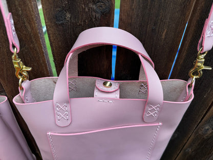 Limited Edition Handmade Soft Pink Leather Mini Tote with Adjustable and Detachable Crossbody Strap