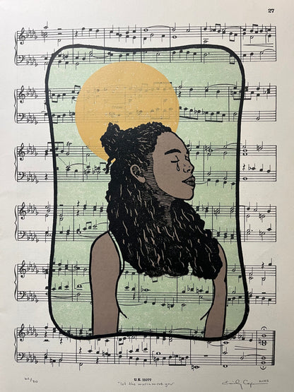 “Let the music move you” limited edition reduction linoleum block print - music sheet art