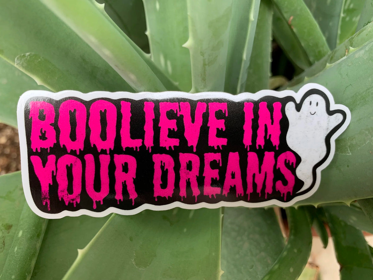 Glossy pink and black sticker reading boolieve in your dreams and featuring a smiling ghost