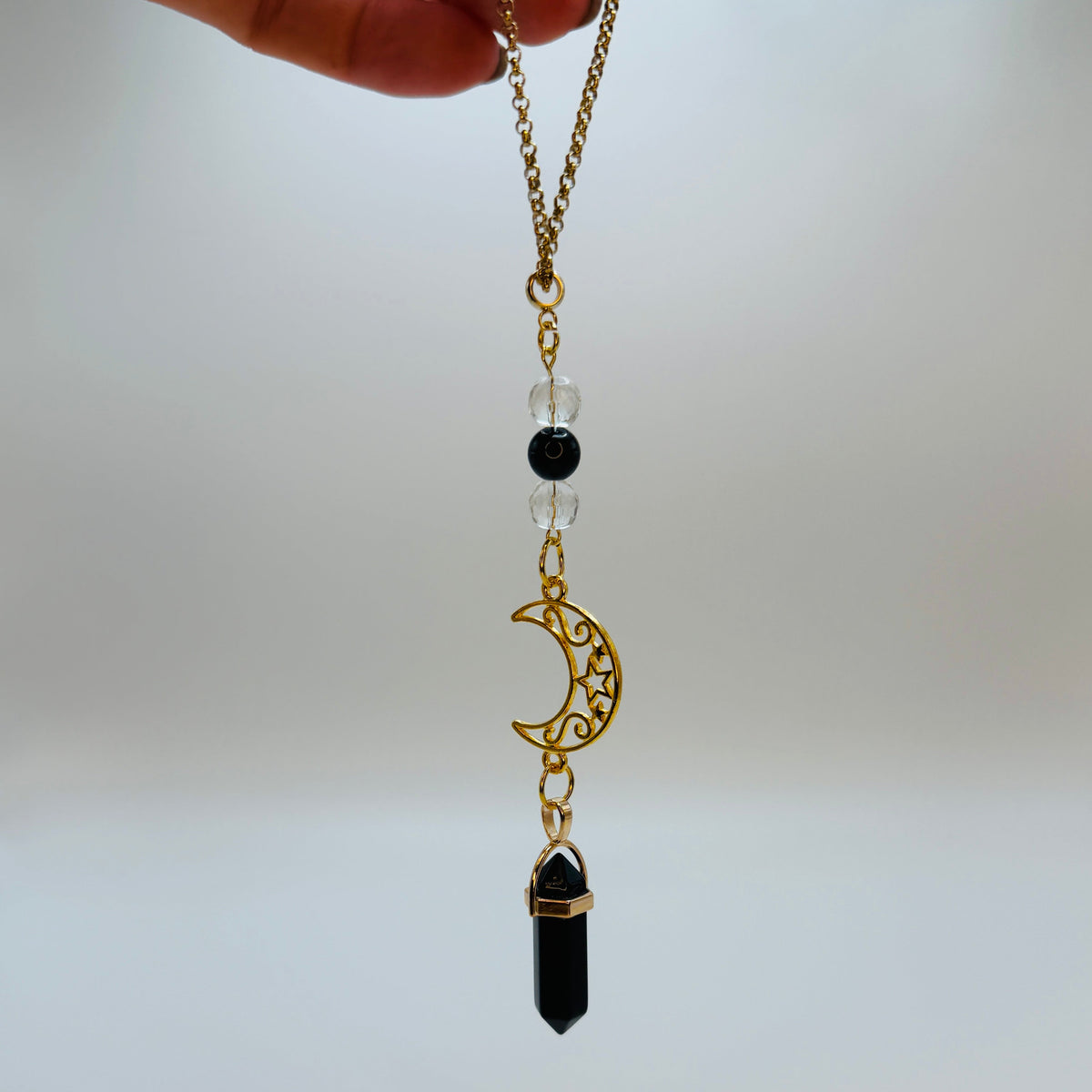 Gold Moon Rearview Mirror Charm with Crystal Pendulum