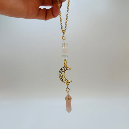 Gold Moon Rearview Mirror Charm with Crystal Pendulum
