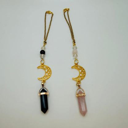 Gold Moon Rearview Mirror Charm with Crystal Pendulum