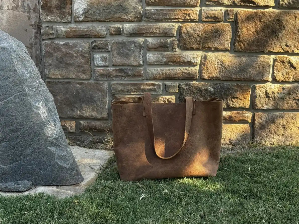 Rustic Brown Durable Buffalo Leather Tote with Magnetic Closure and Brass Feet
