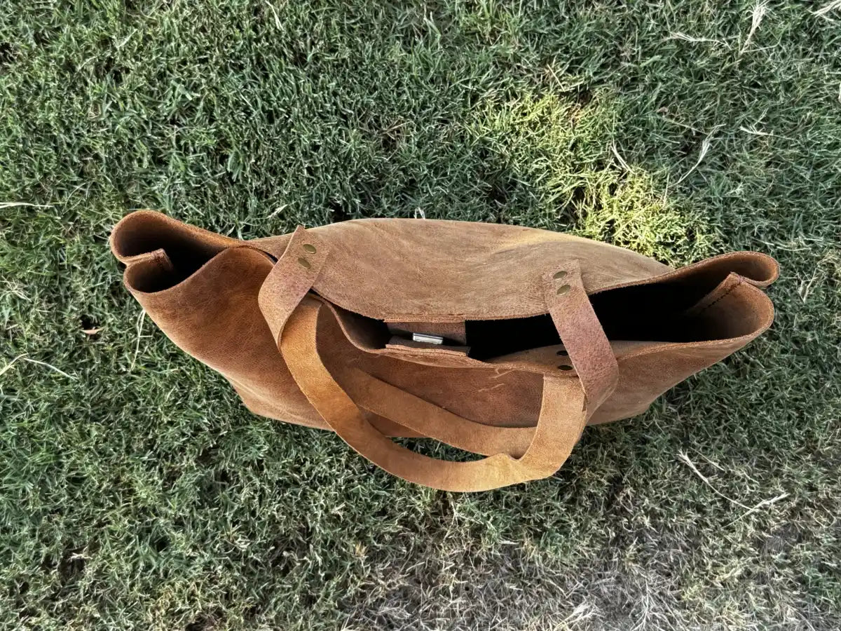 Rustic Brown Durable Buffalo Leather Tote with Magnetic Closure and Brass Feet