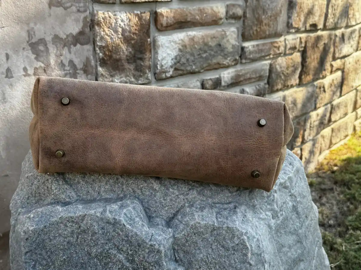 Rustic Brown Durable Buffalo Leather Tote with Magnetic Closure and Brass Feet
