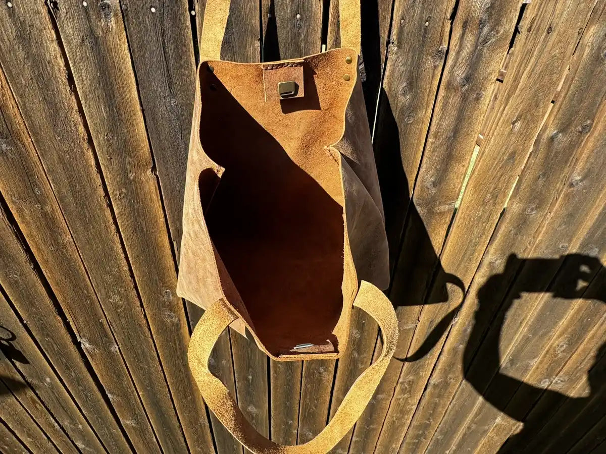 Rustic Brown Durable Buffalo Leather Tote with Magnetic Closure and Brass Feet