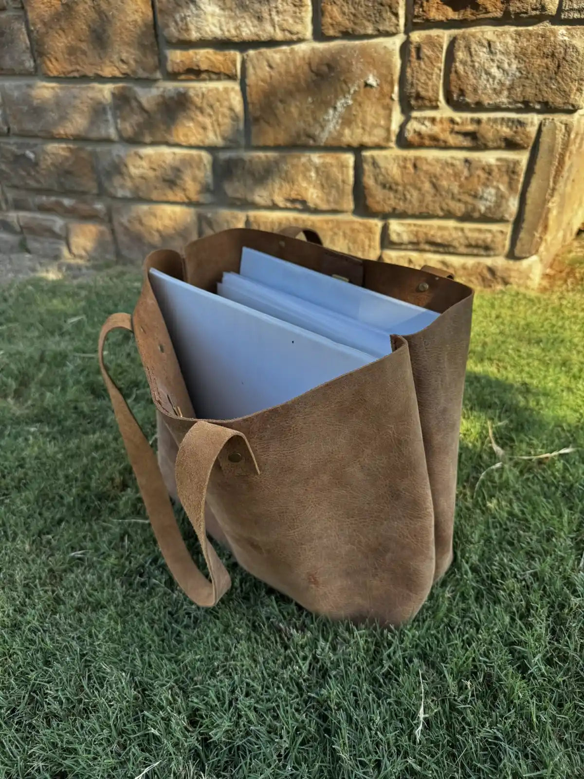 Rustic Brown Durable Buffalo Leather Tote with Magnetic Closure and Brass Feet