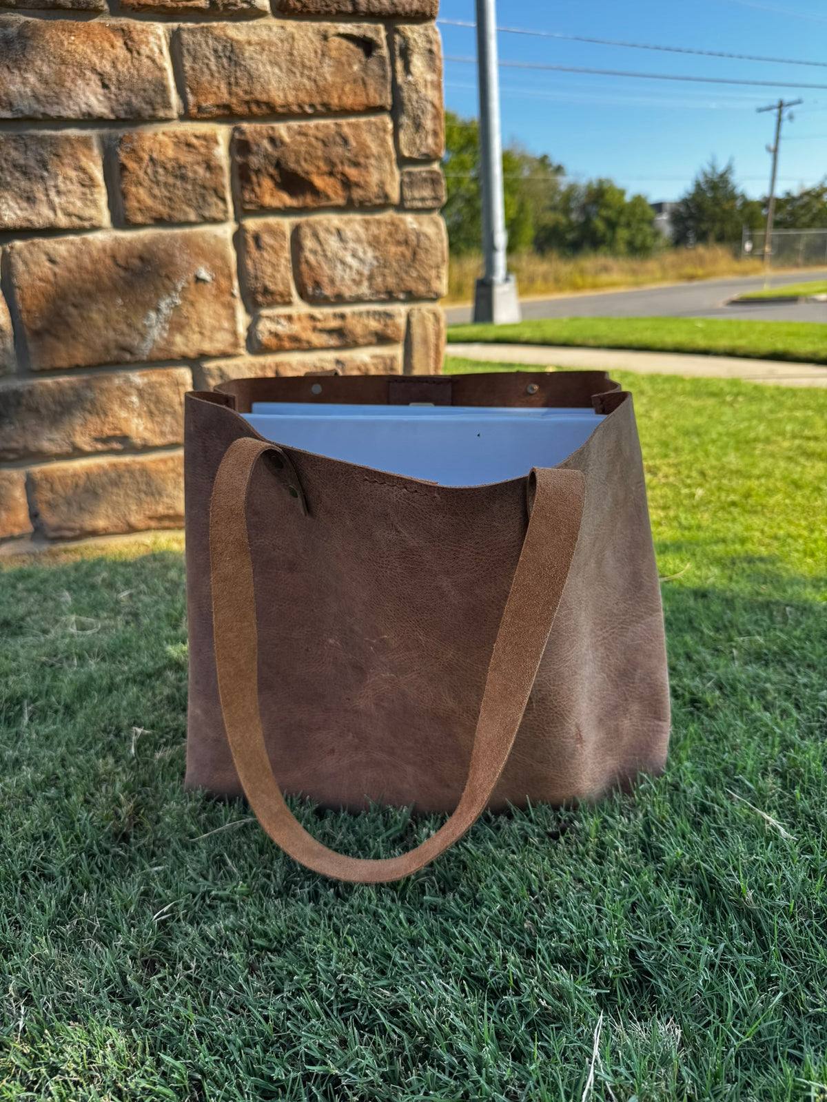 Rustic Brown Durable Buffalo Leather Tote with Magnetic Closure and Brass Feet
