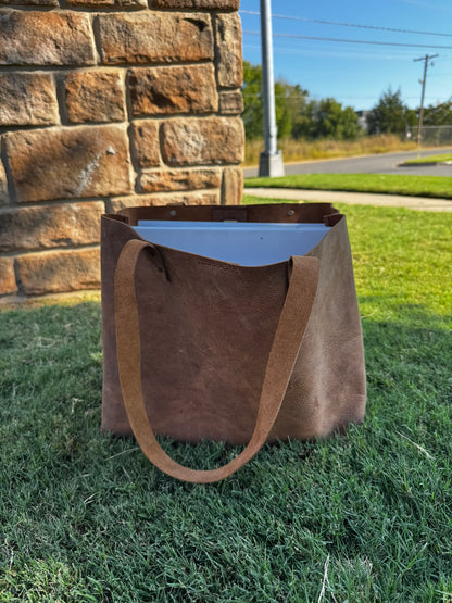 Rustic Brown Durable Buffalo Leather Tote with Magnetic Closure and Brass Feet