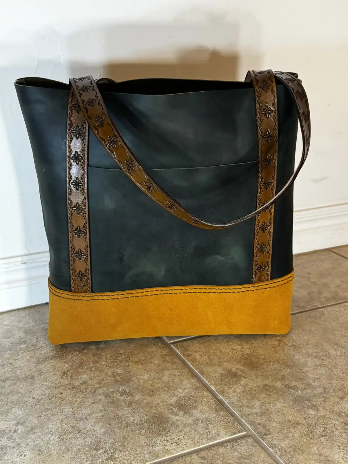 One of a Kind Handmade Earthtone Leather Tote with Stamped Leather Handles and Brass Feet