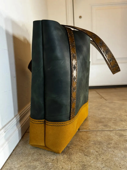 One of a Kind Handmade Earthtone Leather Tote with Stamped Leather Handles and Brass Feet