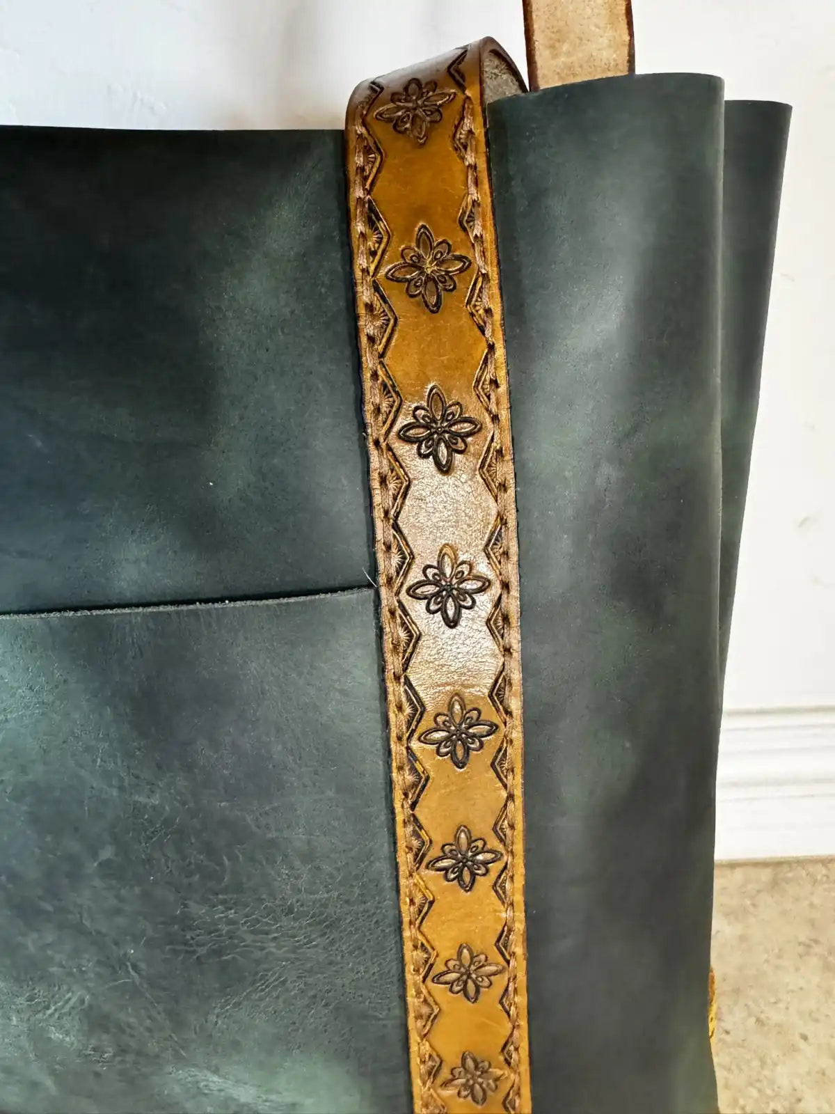 One of a Kind Handmade Earthtone Leather Tote with Stamped Leather Handles and Brass Feet