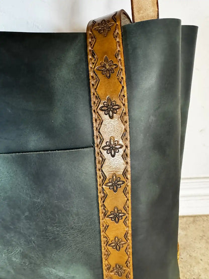One of a Kind Handmade Earthtone Leather Tote with Stamped Leather Handles and Brass Feet
