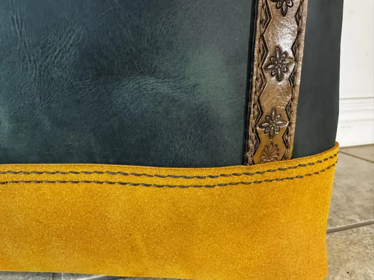 One of a Kind Handmade Earthtone Leather Tote with Stamped Leather Handles and Brass Feet