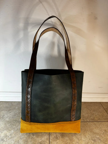 One of a Kind Handmade Earthtone Leather Tote with Stamped Leather Handles and Brass Feet