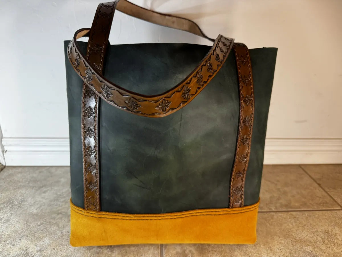 One of a Kind Handmade Earthtone Leather Tote with Stamped Leather Handles and Brass Feet
