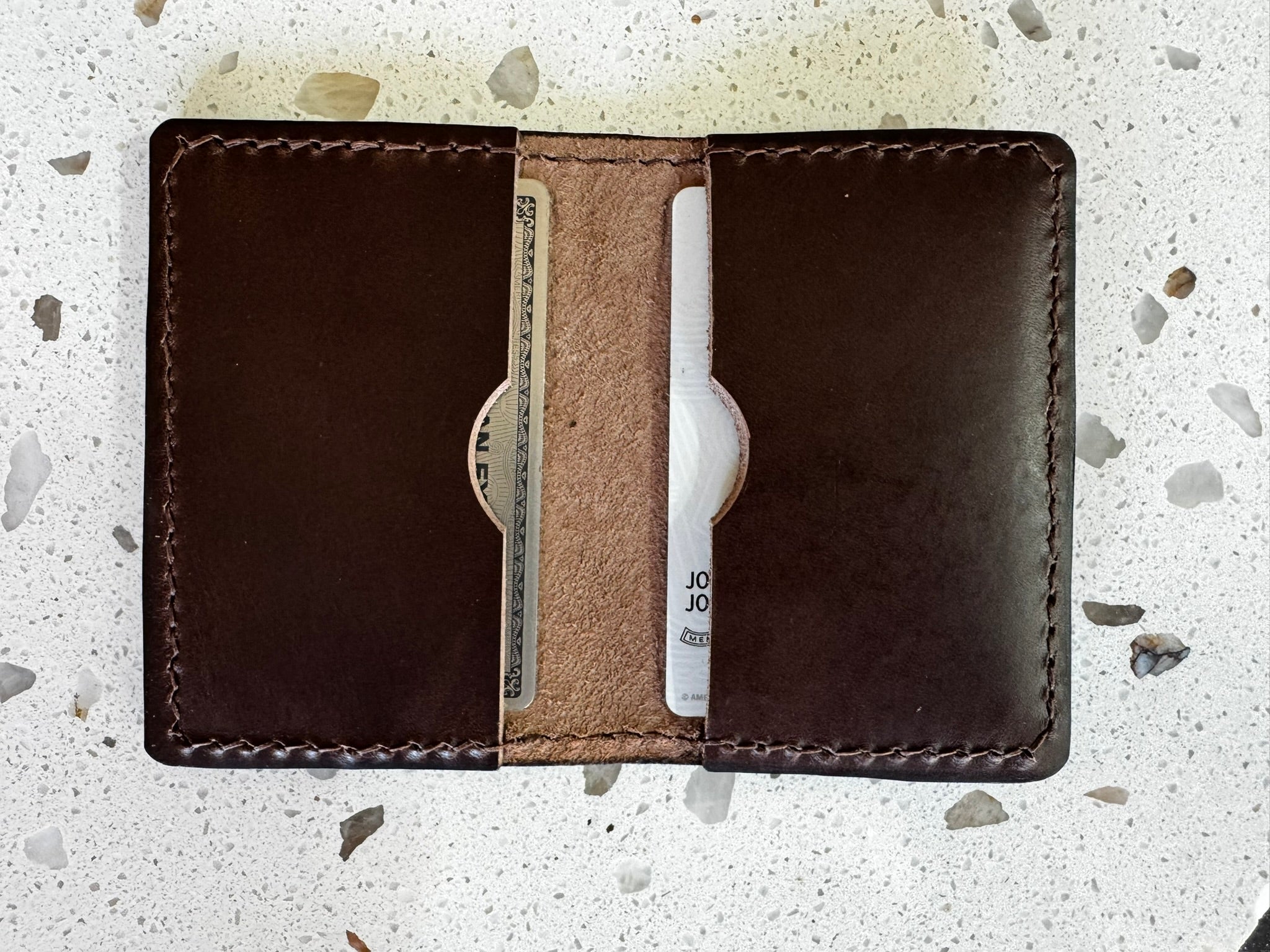 Folding Leather Card Wallet with Two Pockets Holding Six Cards or More Plus Cash