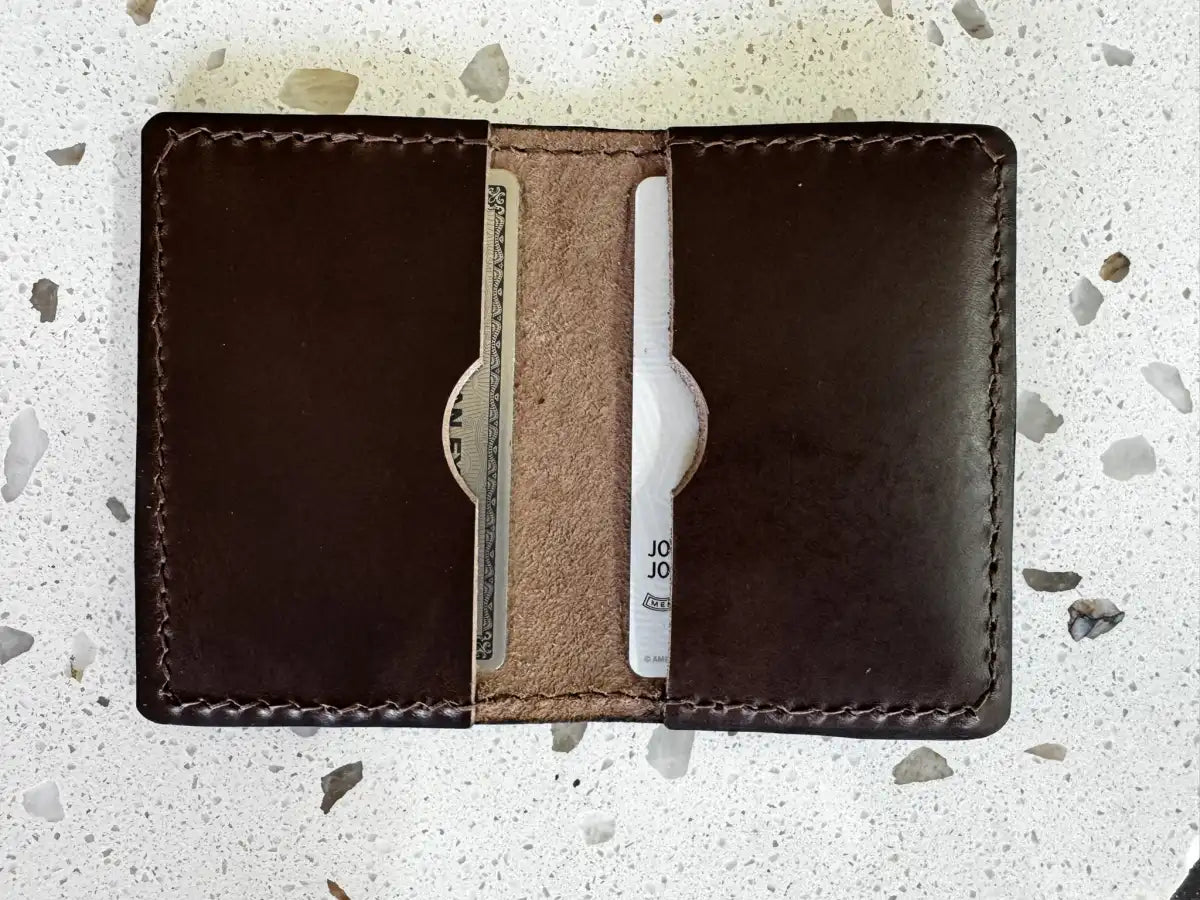 Handmade Folding Leather Card Wallet with Two Pockets Holding Six Cards or More plus Cash