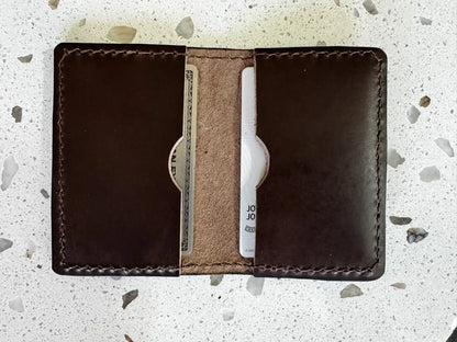 Handmade Folding Leather Card Wallet with Two Pockets Holding Six Cards or More plus Cash