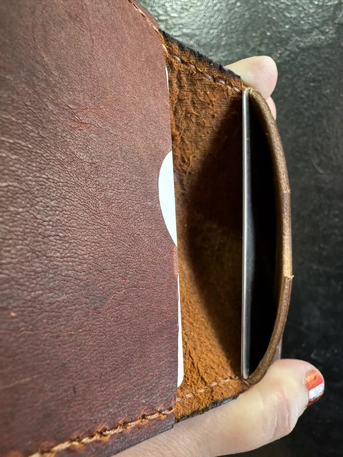 Handmade Folding Leather Card Wallet with Two Pockets Holding Six Cards or More plus Cash