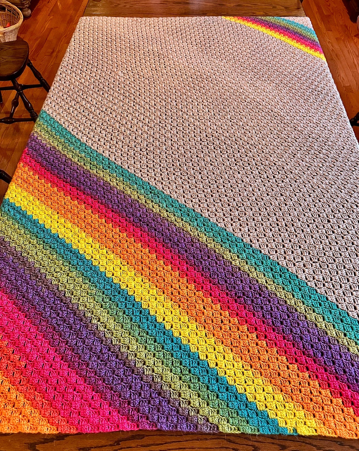 49x73 Handmade Lightweight Crocheted Afghan | Old World Dutch Traditional Handiwork - Diagonal Multi Color Stripes &amp; Gray | Free Shipping!