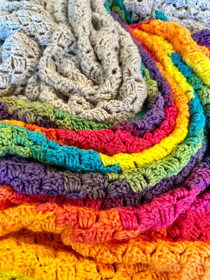 49x73 Handmade Lightweight Crocheted Afghan | Old World Dutch Traditional Handiwork - Diagonal Multi Color Stripes &amp; Gray | Free Shipping!