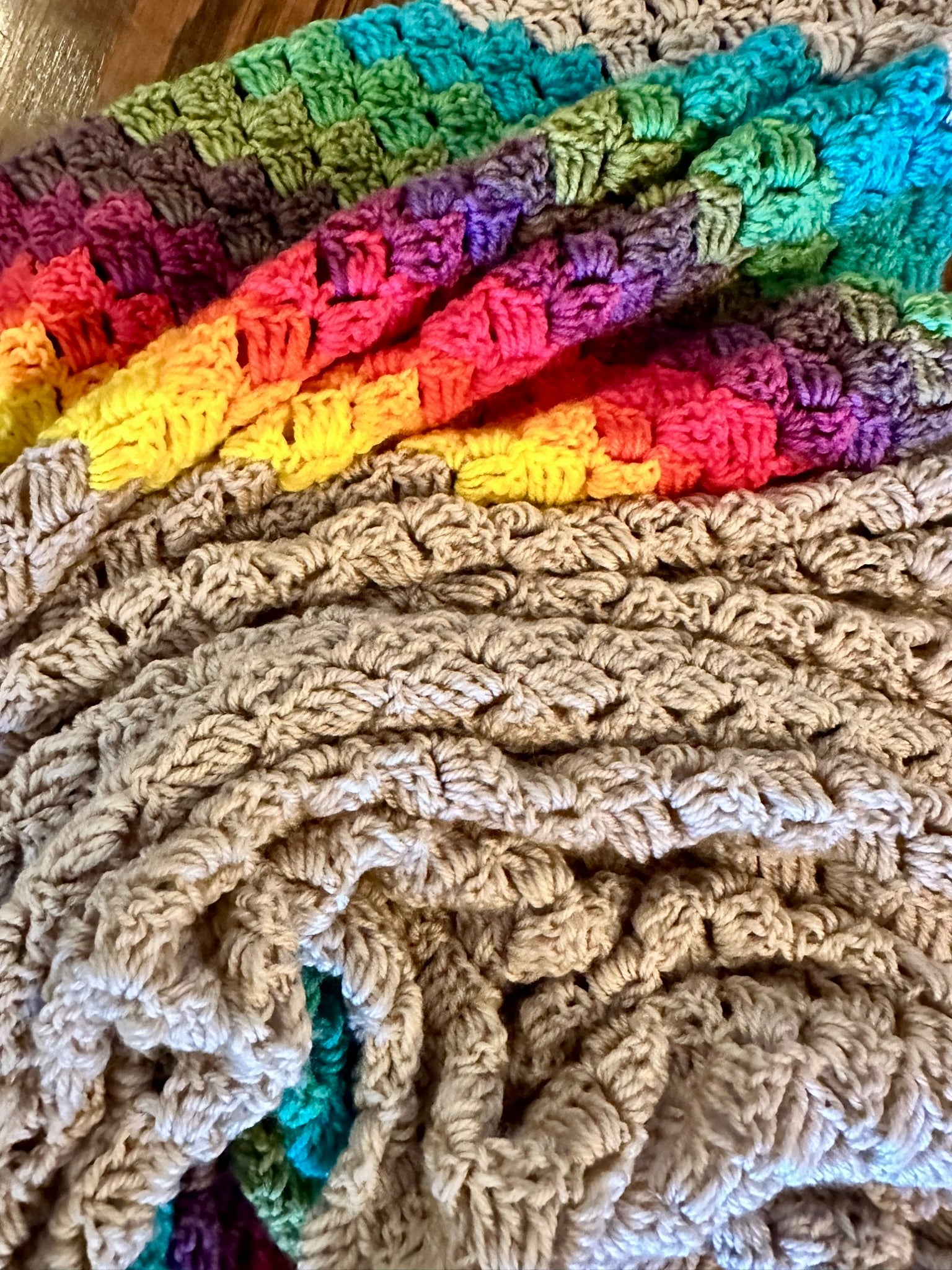 49x73 Handmade Lightweight Crocheted Afghan | Old World Dutch Traditional Handiwork - Diagonal Multi Color Stripes &amp; Gray | Free Shipping!