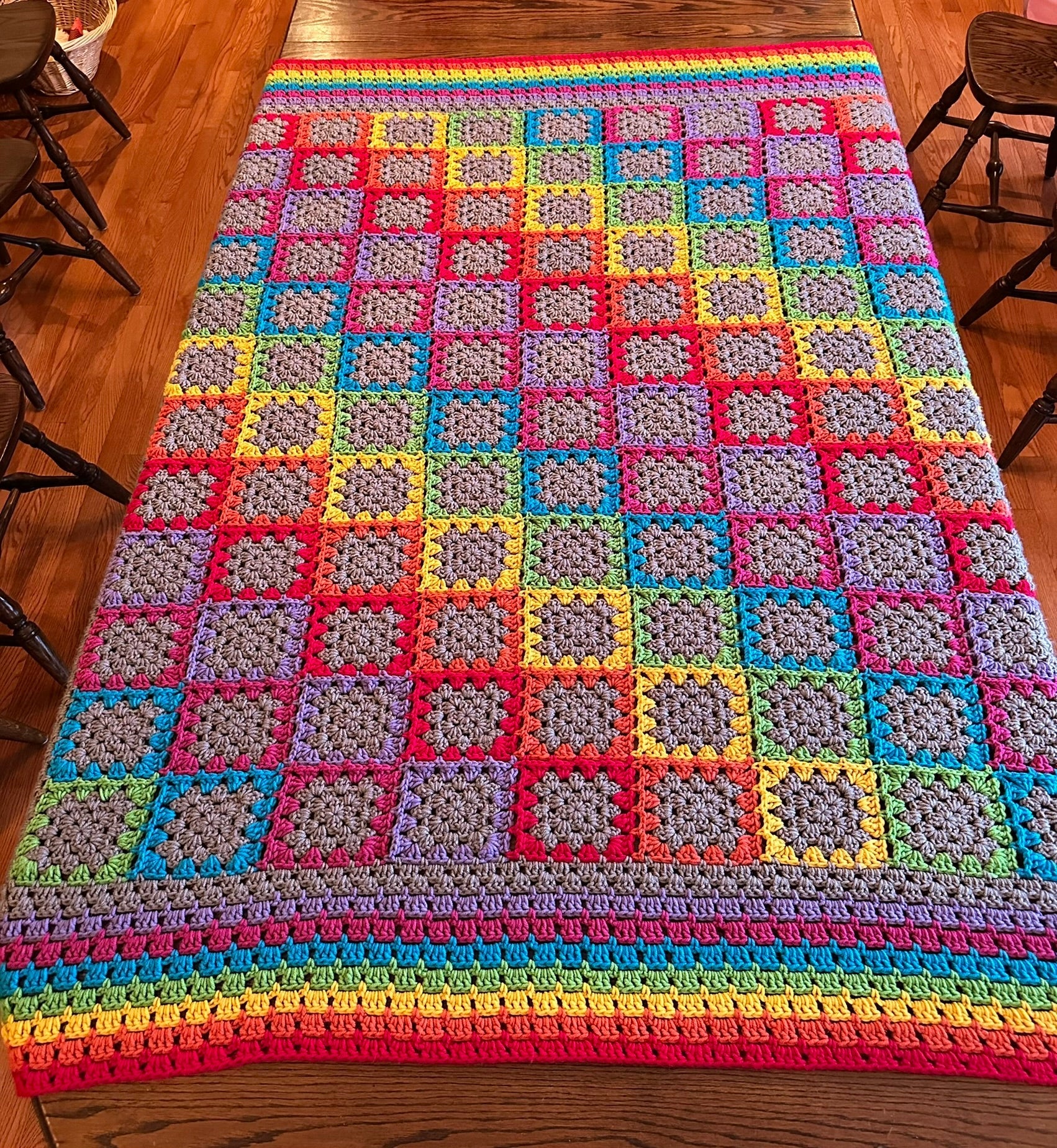 69x74 Handmade Med. Weight Crocheted Afghan | Old World Dutch Traditional Handiwork - Rainbow Granny Squares | Free Shipping!