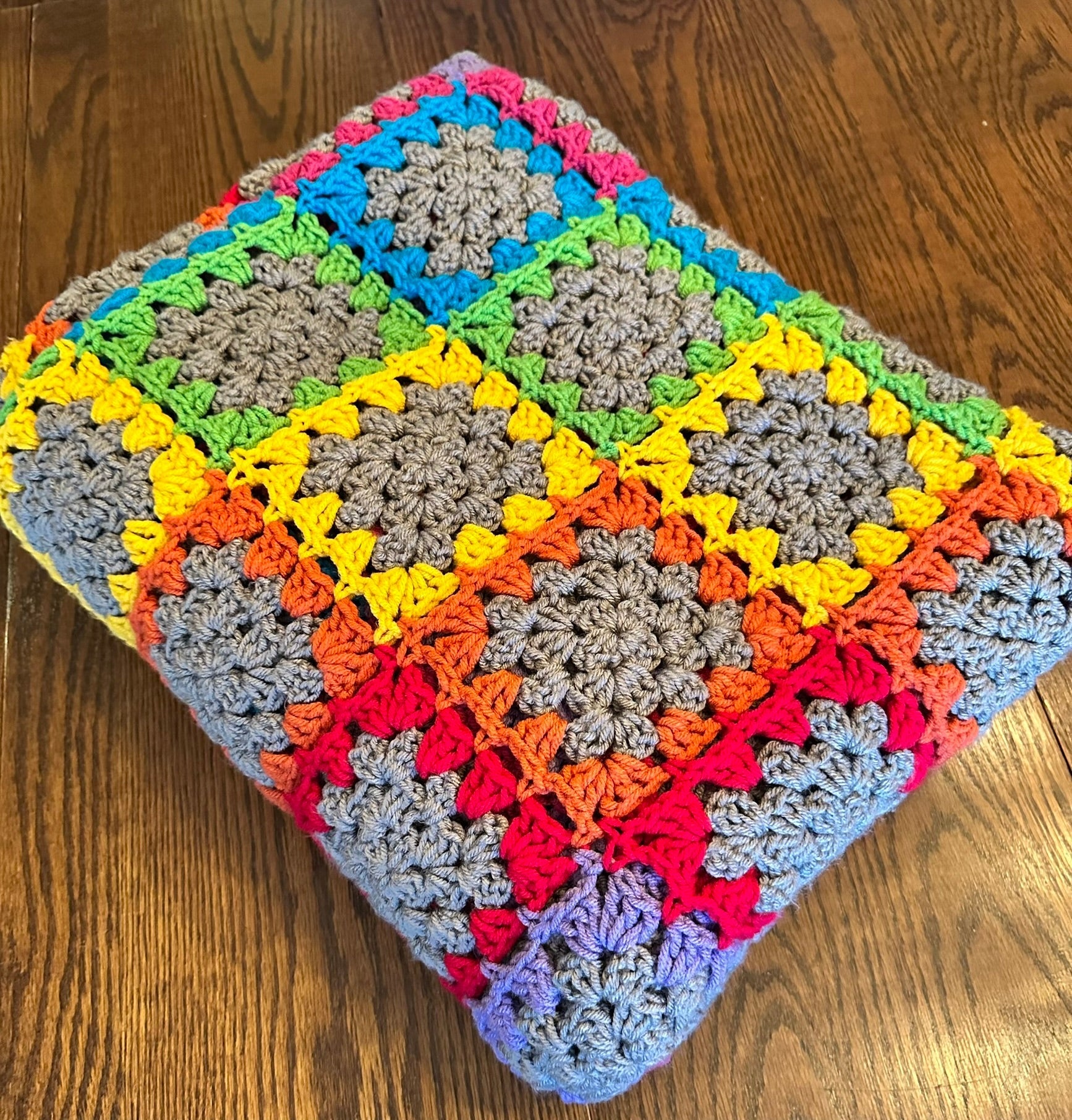 69x74 Handmade Med. Weight Crocheted Afghan | Old World Dutch Traditional Handiwork - Rainbow Granny Squares | Free Shipping!