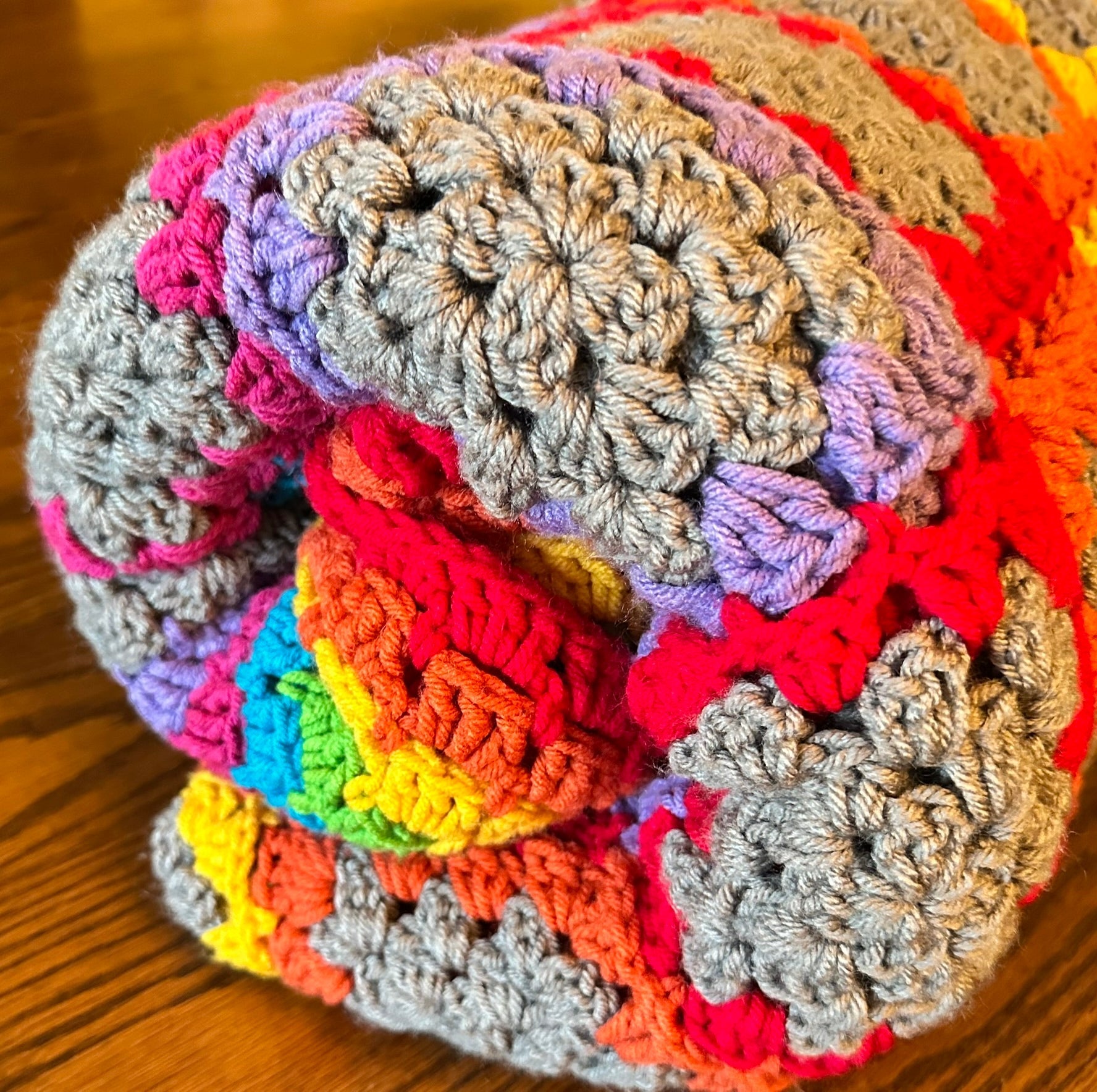 69x74 Handmade Med. Weight Crocheted Afghan | Old World Dutch Traditional Handiwork - Rainbow Granny Squares | Free Shipping!