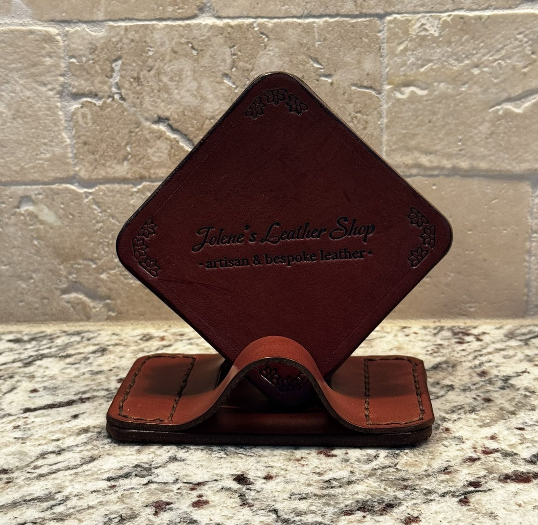 Coaster Set with Stand; Stand Doubles as Business Card Holder