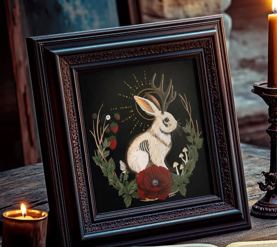 Jackalope Hand-painted Art Print: Gothic Cryptid Rabbit, Dark Cottagecore Decor