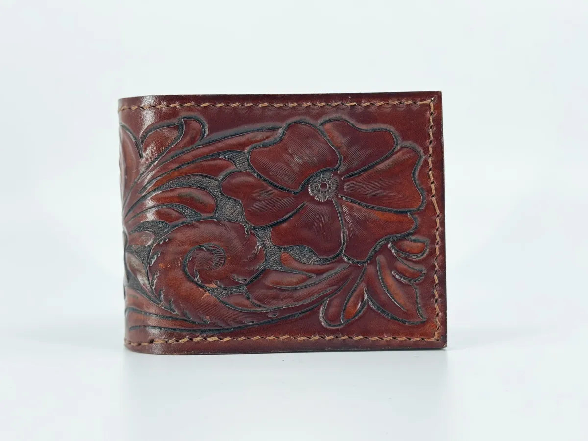 Hand Tooled Leather Bifold Wallet with RFID Blocking Liner