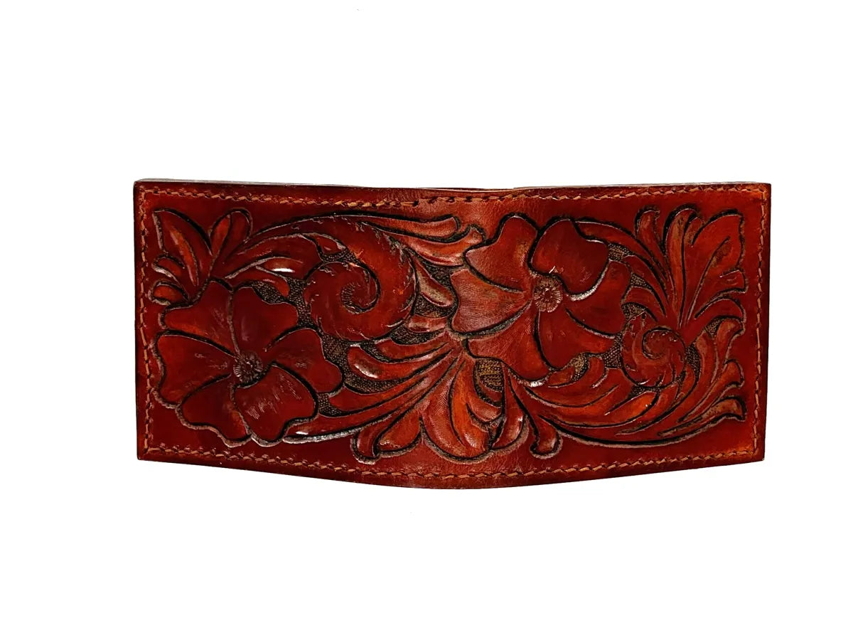 Hand Tooled Leather Bifold Wallet with RFID Blocking Liner