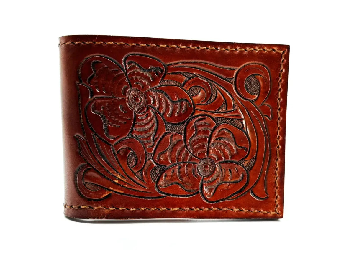 Hand Tooled Leather Bifold Wallet with RFID Blocking Liner