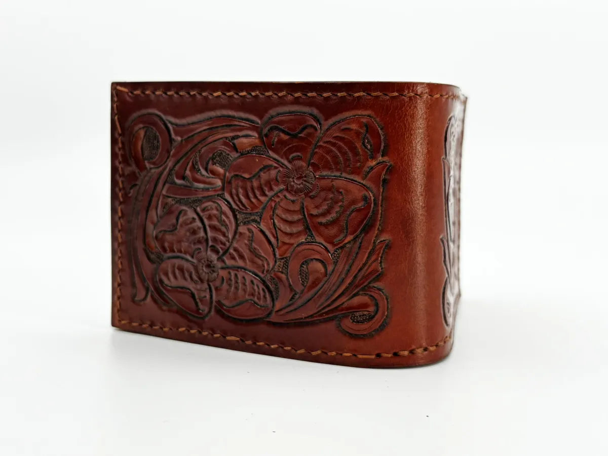 Hand Tooled Leather Bifold Wallet with RFID Blocking Liner