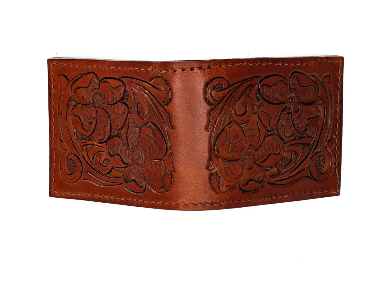 Hand Tooled Leather Bifold Wallet with RFID Blocking Liner