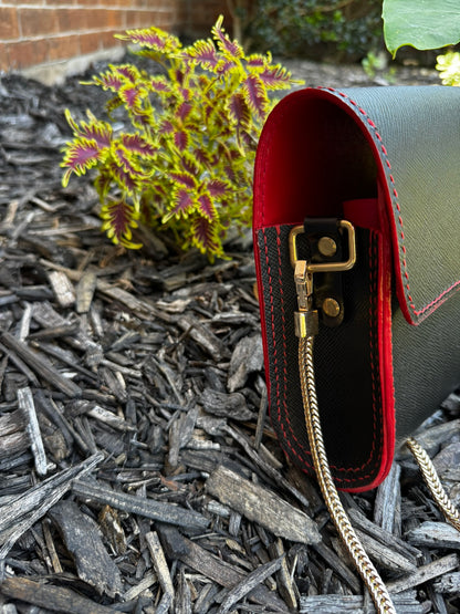 Designer Italian Black and Red Leather Purse with Gold Chain and Magnetic Closure