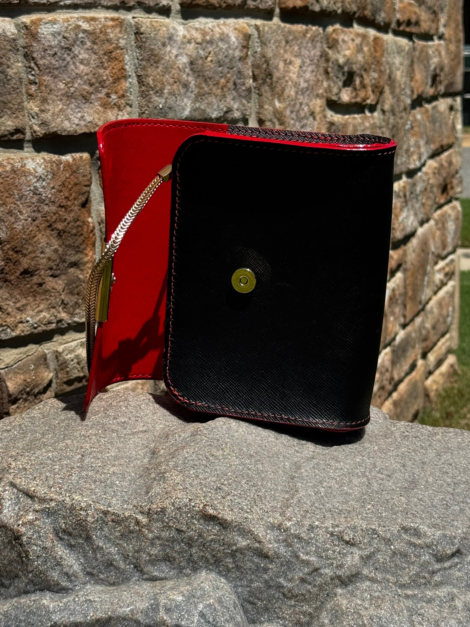 Designer Italian Black and Red Leather Purse with Gold Chain and Magnetic Closure