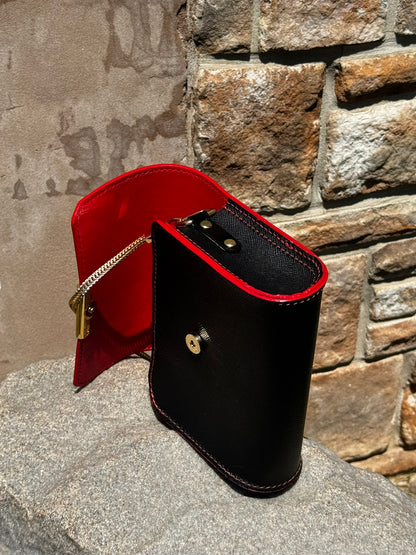 Designer Italian Black and Red Leather Purse with Gold Chain and Magnetic Closure