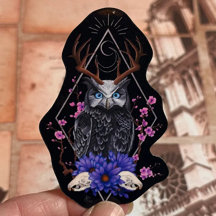 Dark Fantasy Owl Art Vinyl Sticker: Floral Horned Animal Decal, Original Hand-Painted Art