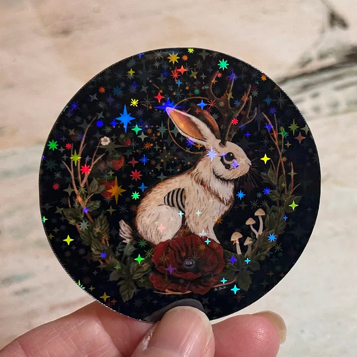 Jackalope Art Vinyl Sticker: Gothic Cryptid Rabbit, Dark Cottagecore Decor - Original Hand Painted Art