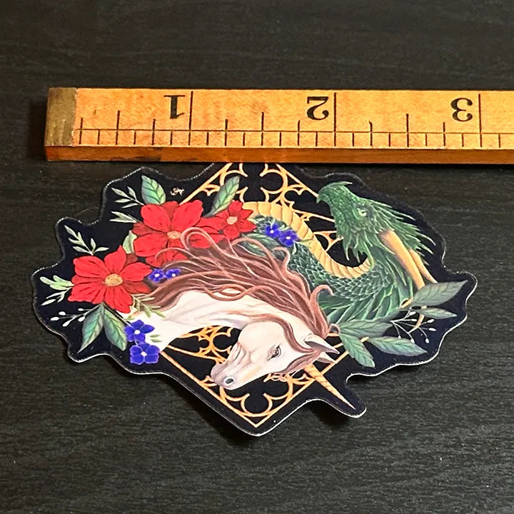 Fantasy Unicorn and Dragon Vinyl Sticker: Gothic Cathedral Tracery Decal, Original Hand-Painted Art