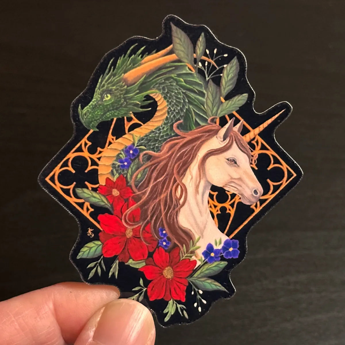Fantasy Unicorn and Dragon Vinyl Sticker: Gothic Cathedral Tracery Decal, Original Hand-Painted Art
