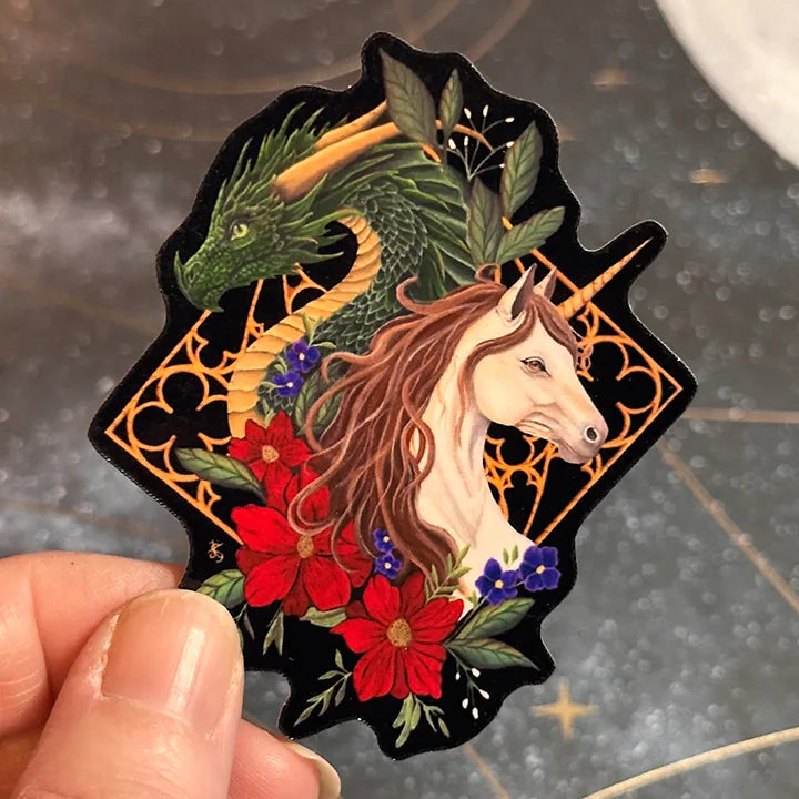 Fantasy Unicorn and Dragon Vinyl Sticker: Gothic Cathedral Tracery Decal, Original Hand-Painted Art