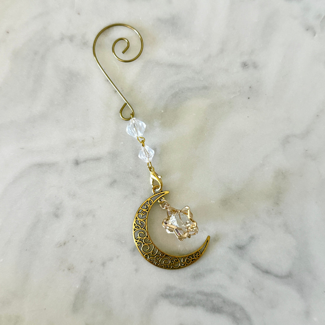 Yuletide Gold Crystal Moon &amp; Star Witchy Christmas Ornament