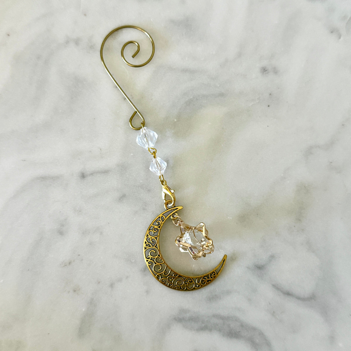 Yuletide Gold Crystal Moon &amp; Star Witchy Christmas Ornament