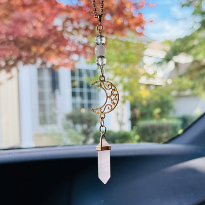 Gold Moon Rearview Mirror Charm with Crystal Pendulum