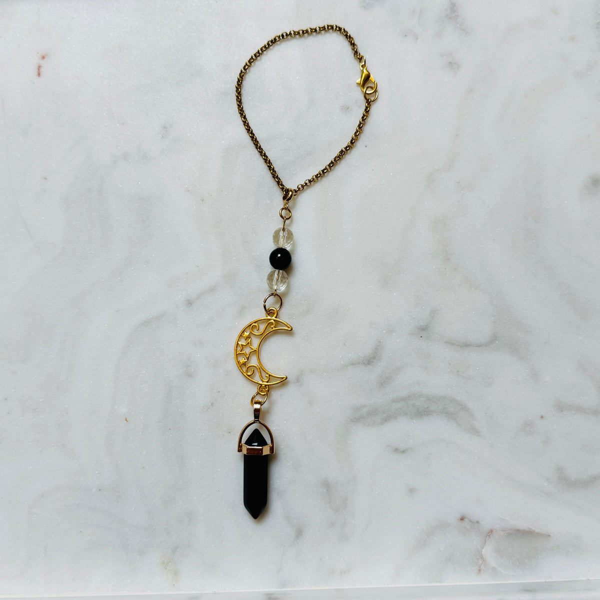 Gold Moon Rearview Mirror Charm with Crystal Pendulum